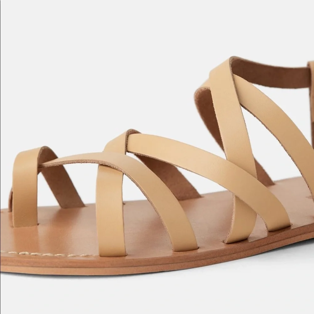 🤍 Zara Vachetta LEATHER FLAT SANDALS WITH STRAPS 6624/001 - Picture 7 of 9